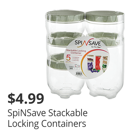 SpiNSave stackable locking containers.