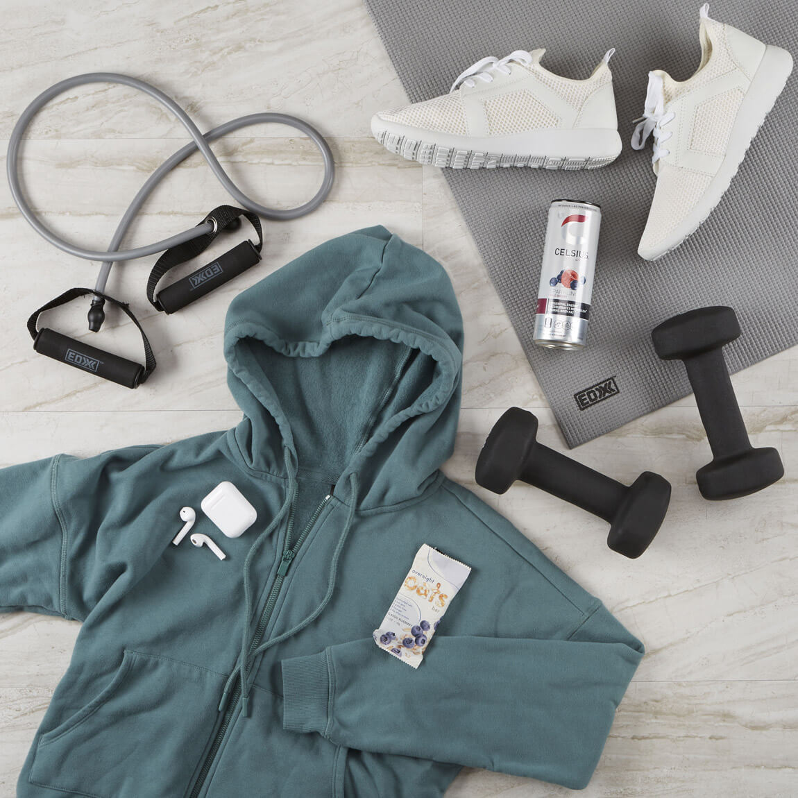 Exercise clothes and equipment.