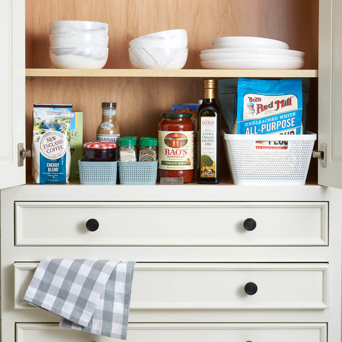 Kitchen counter displaying various food goods.