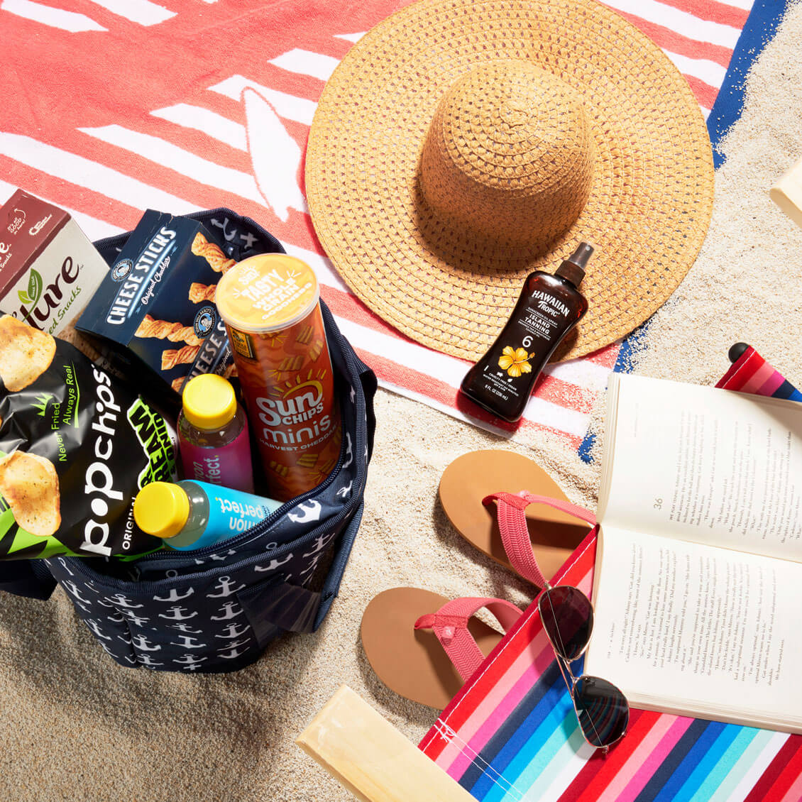 Beach snacks and accessories.