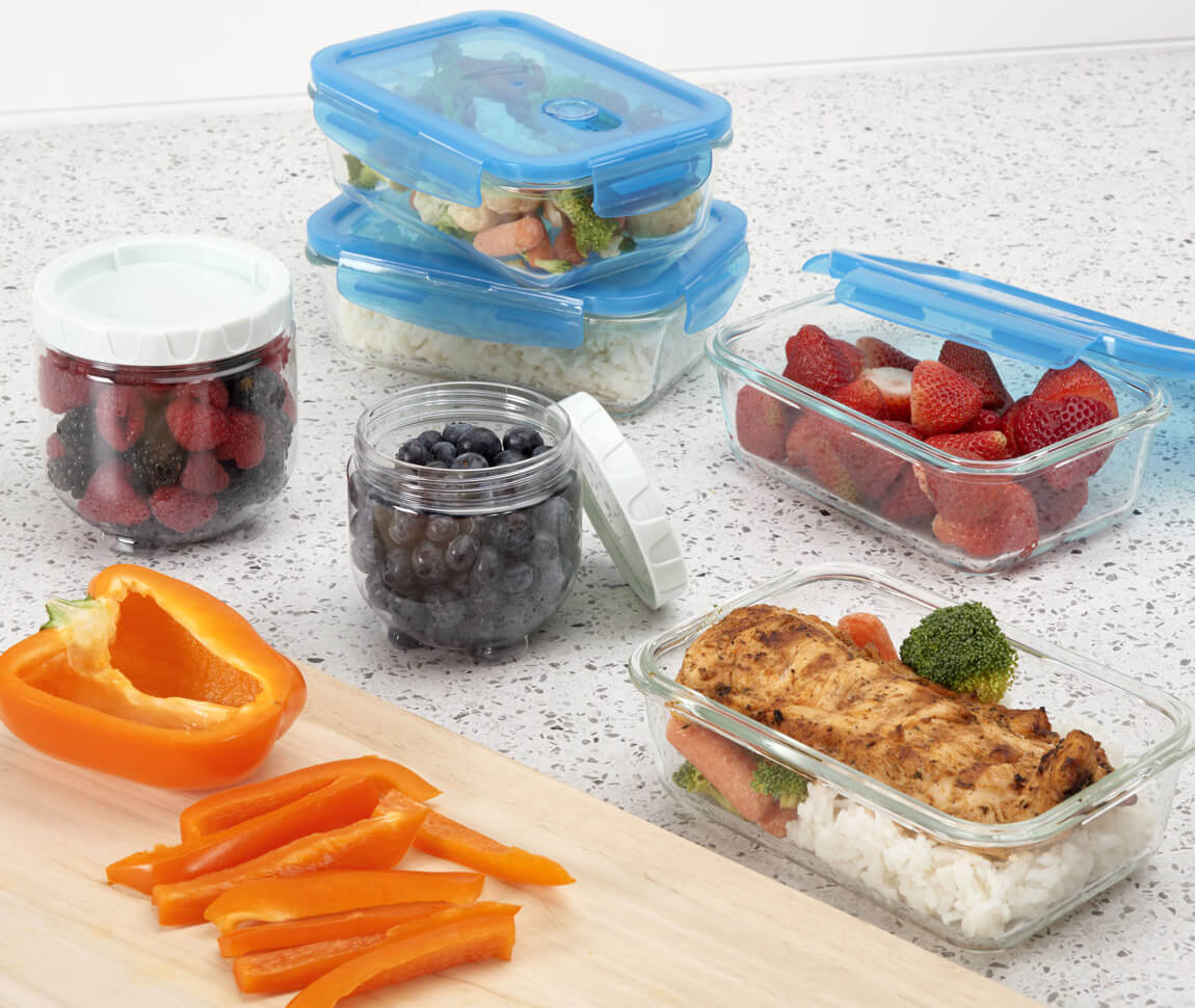 Fruits and vegetables in storage containers.