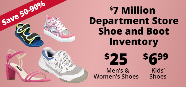 Promotional banner: $7M department store shoe inventory, 20 top 
        designers, prices from $25.