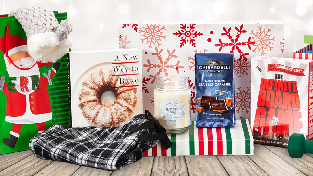 Decorative: Christmas bags alongside gift ideas.